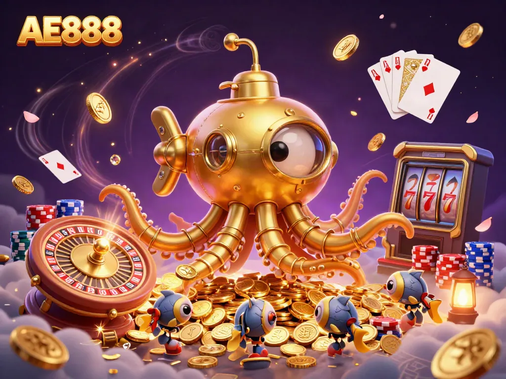 Engage with the AE888 experience as a golden kraken submarine navigates a treasure-filled world of coins and gems.