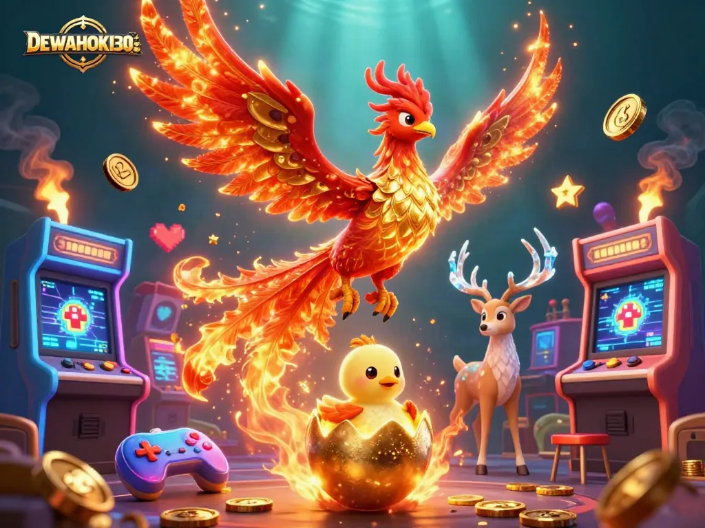 Menangkan jackpot dengan permainan slot yang ditawarkan DEWAHOKI303, dikelilingi elemen kasino berwarna.