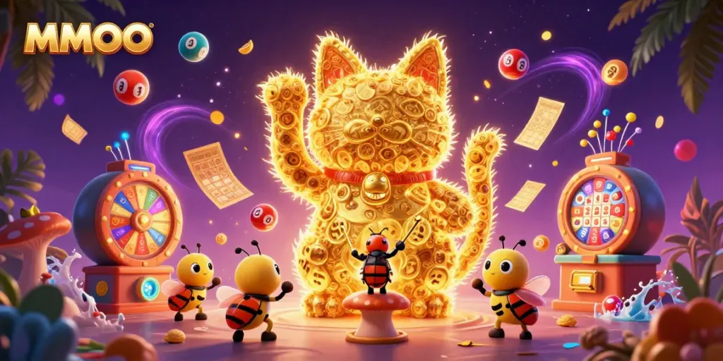 Spinning lottery balls and a lucky cat in a vibrant casino scene promoting MMOO's engaging gaming experience.