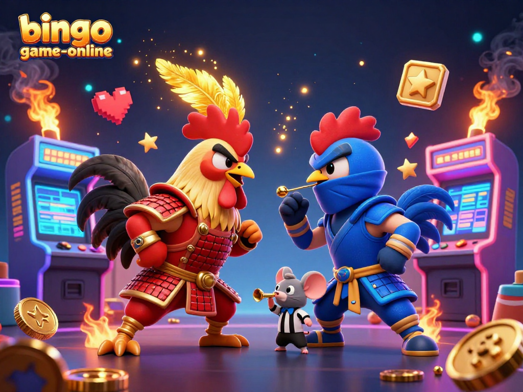 Engage in high-stakes bingo-game-online with dynamic visuals featuring cartoon roosters battling.