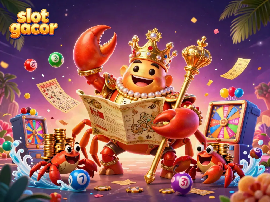 Engage with slot gacor gaming as a golden crab emperor rules a vibrant casino scene.