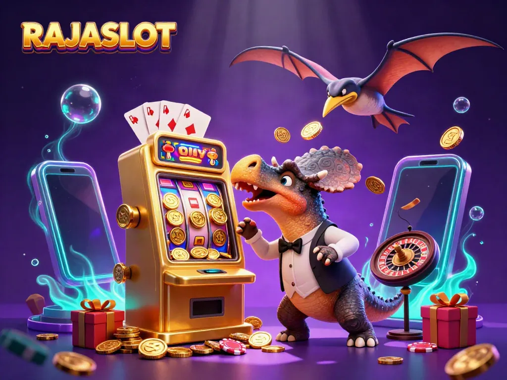 Kepala pachycephalosaurus stainless yang menanduk mesin slot jackpot di RAJASLOT, menciptakan suasana kasino yang ceria.