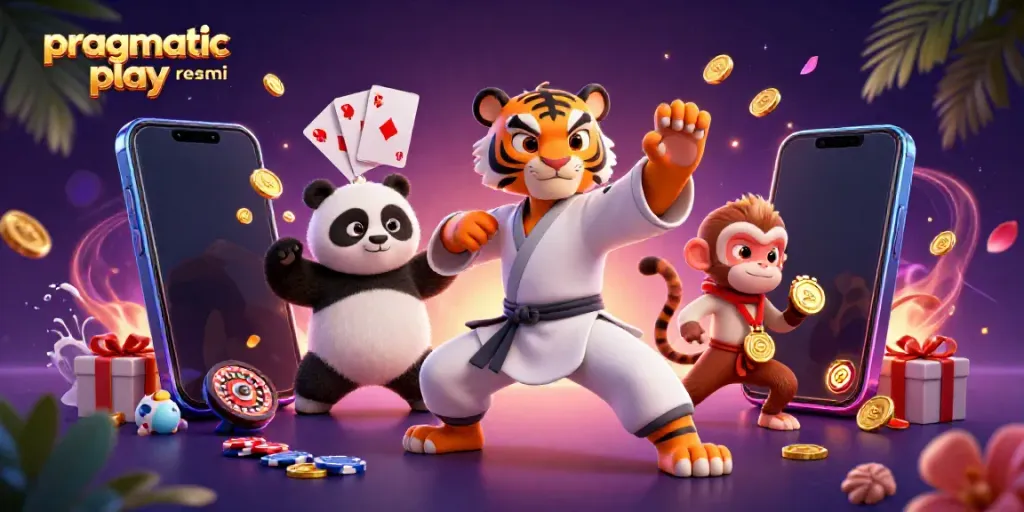 Permainan slot seru di "pragmatic play resmi" diilustrasikan dengan karakter kartun 3D yang dinamis.