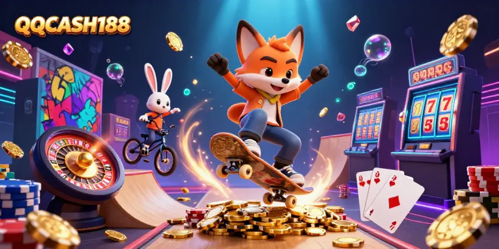 Engage with QQCASH188 through a thrilling casino-themed illustration showcasing a skateboarder fox and BMX-riding rabbit.