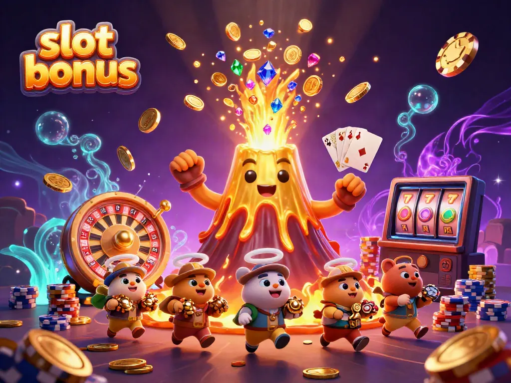 Experience the thrill of a slot bonus with a triumphant golden volcano erupting treasures in a vibrant casino atmosphere.