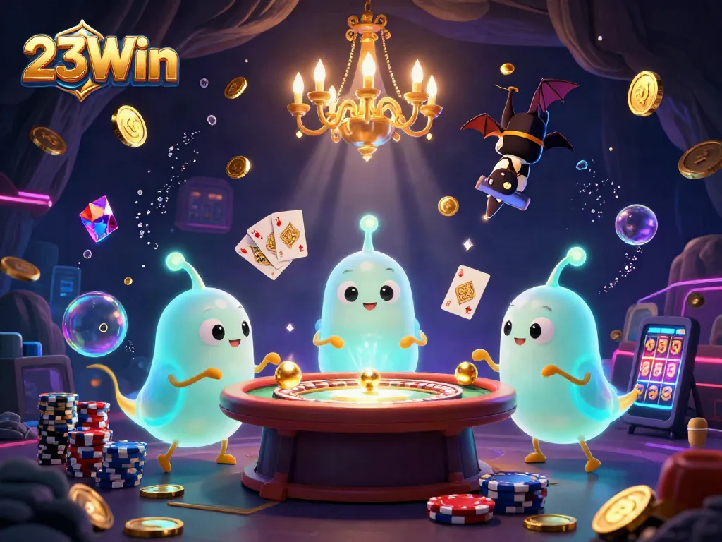 Experience the excitement of 23Win with vibrant glowworms and casino magic in a 3D scene.