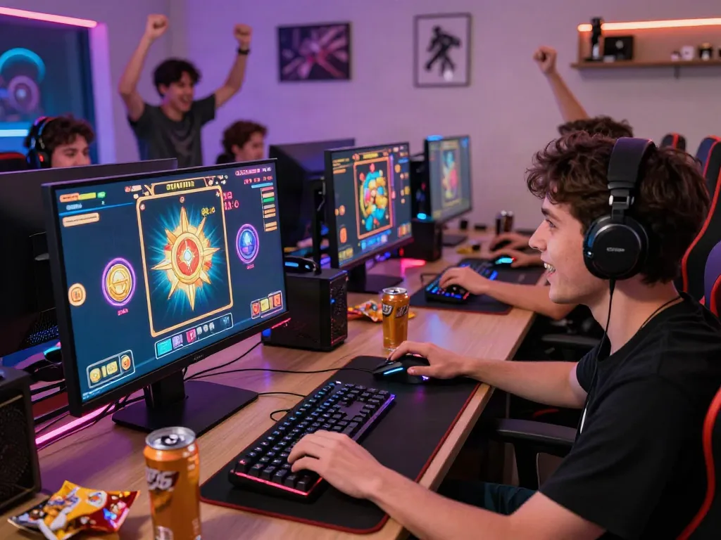 Player engaged with akunjp online slot game at vibrant gaming setup