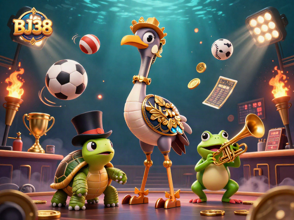 Bet on BJ38 with lively 3D characters amidst dynamic sports motifs in an engaging casino scene