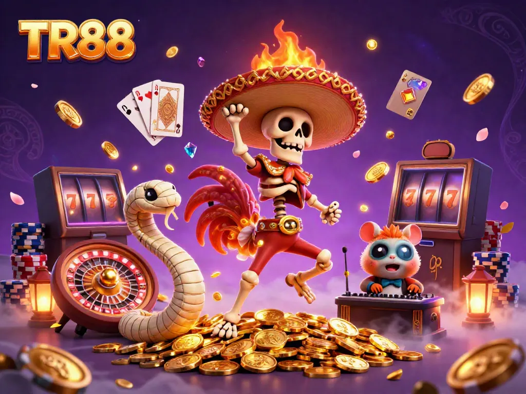 Spin and win with TR88 in this action-packed 3D illustration featuring lively casino characters and dynamic gaming elements.