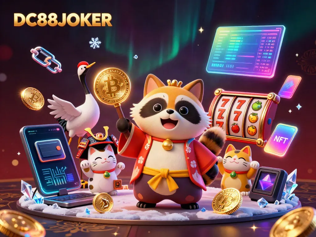 Engage in winning strategies with DC88JOKER, a vibrant illustration featuring a raccoon dog and fortune cats surrounded by casino elements.