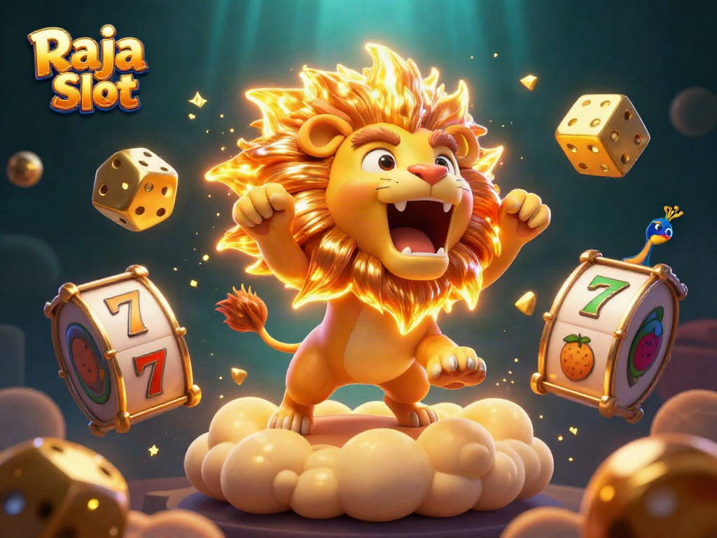 Experience the excitement of Raja Slot with a vibrant illustration featuring a lion, golden dice, and slot elements.