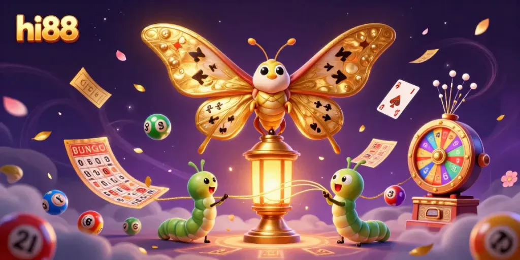 Engage with hi88’s vibrant gaming experiences through this captivating 3D illustration of an atlas moth amidst casino elements.
