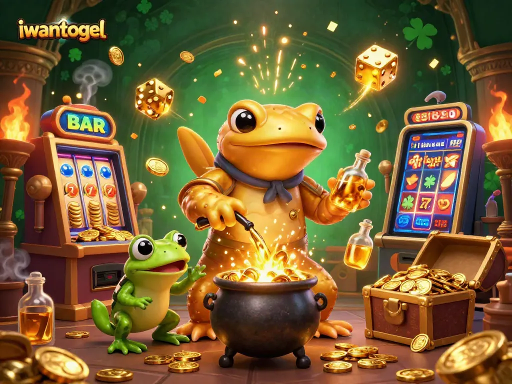 Experience the magic of iwantogel with a vibrant 3D scene of a golden salamander alchemist and casino games.