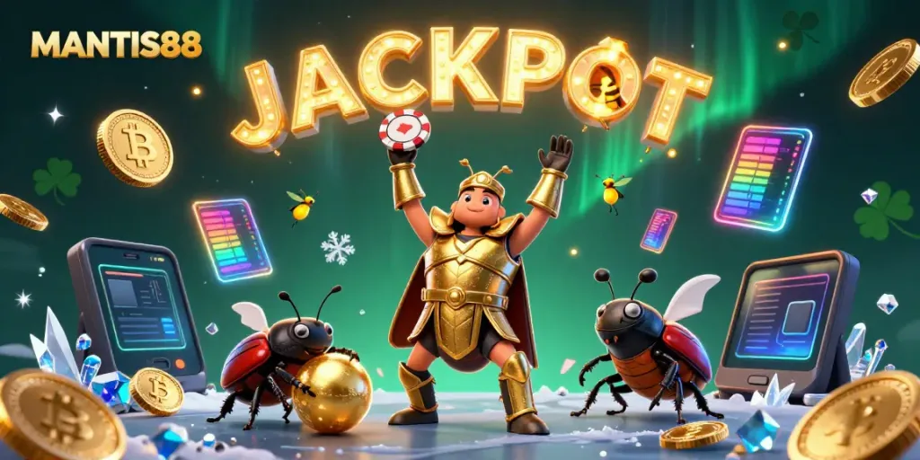 Experience the thrill of MANTIS88 with a victory scene featuring a heroic beetle raising a poker chip.