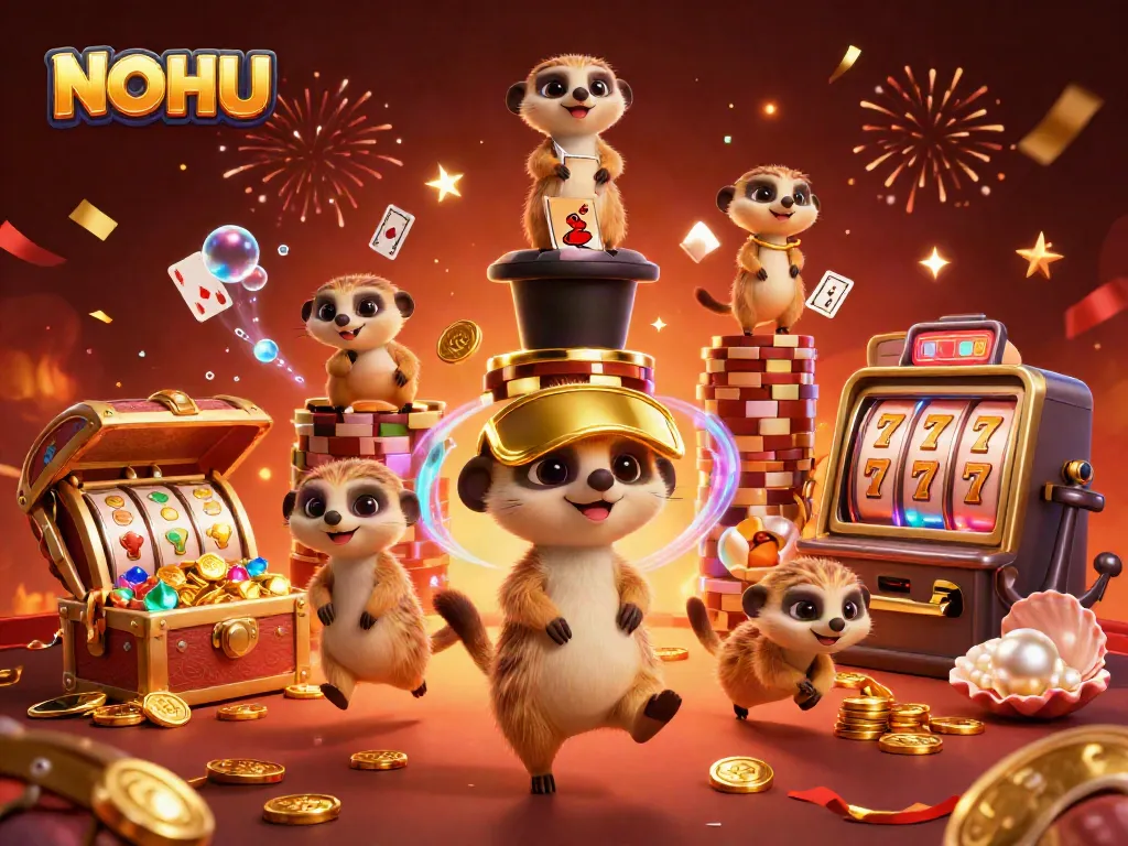 Experience the vibrant NOHU casino world with playful meerkats in a colorful, immersive scene.