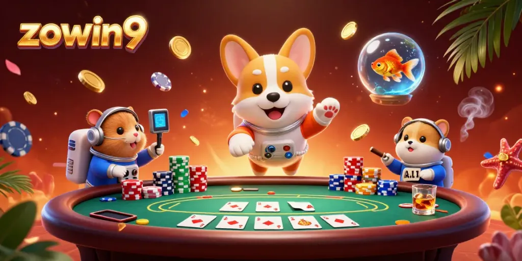 Engage in the vibrant world of zowin9 as a 3D cartoon astronaut corgi navigates a space casino filled with drifting poker chips and golden coins.