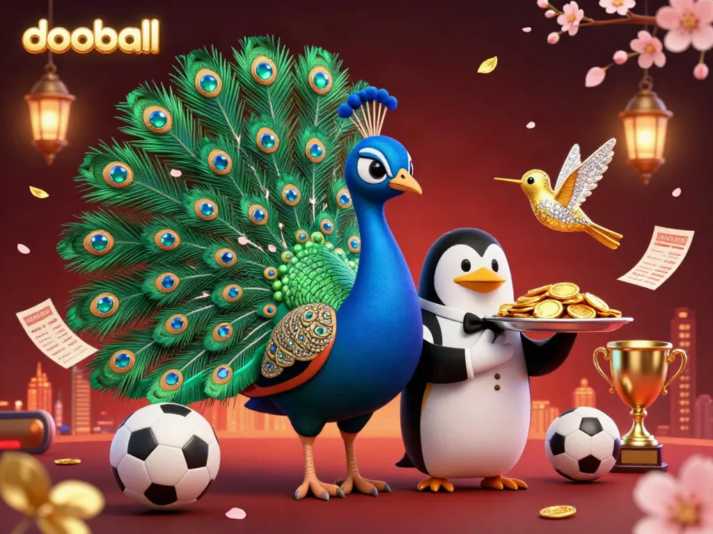 Experience exhilarating sports betting with dooball in this detailed 3D illustration of a peacock, penguin, and hummingbird surrounded by dynamic sports elements.