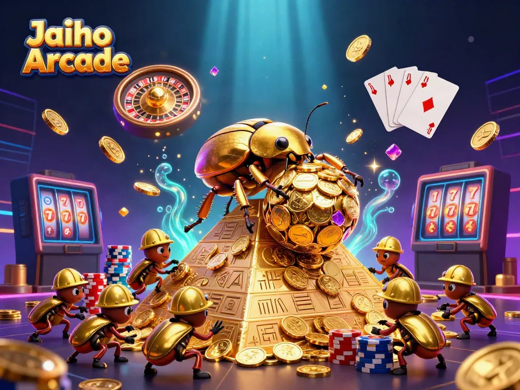 Experience thrilling gameplay with Jaiho Arcade as golden coins and casino elements clash in a vibrant scene.