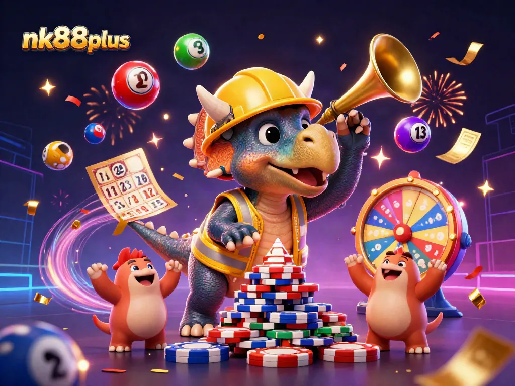 nk88plus celebrates with a dynamic scene featuring a triceratops stacking poker chips and lottery elements