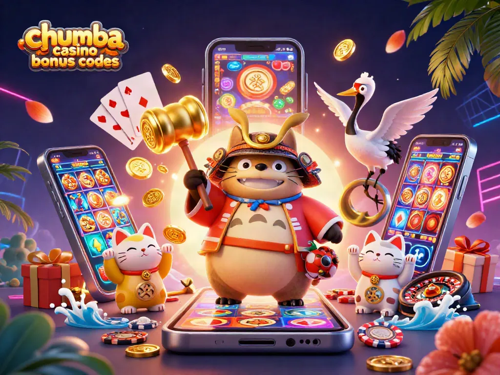 Win big with Chumba Casino bonus codes surrounded by cheerful tanuki and vibrant slot game elements.