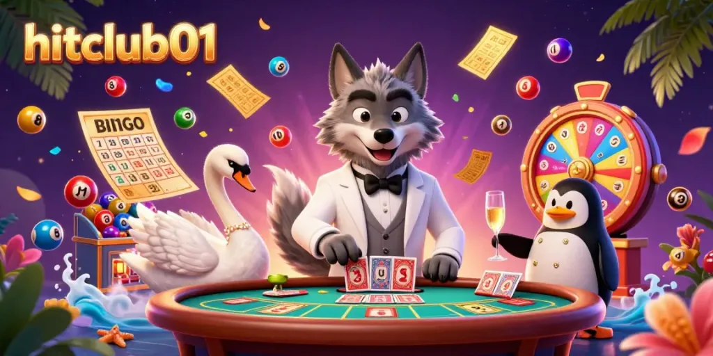 Experience excitement with hitclub01 at a vibrant casino illustration featuring a card-dealing swan and debonair wolf.