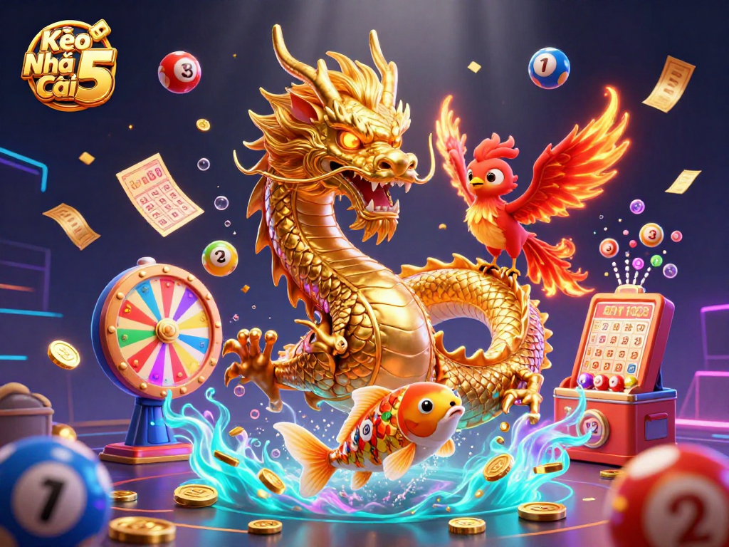 Kèo Nhà Cái 5 showcases an exciting scene with a golden dragon, phoenix, and koi fish amidst dynamic lottery elements.