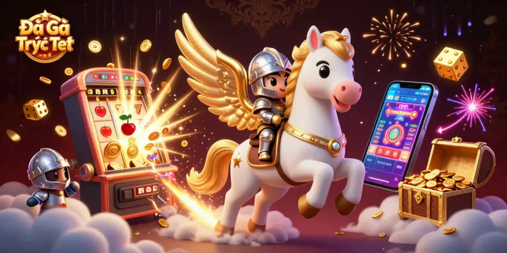 Experience thrilling Đá Gà Trực Tiếp action with a dynamic illustration of knights and slot machines.