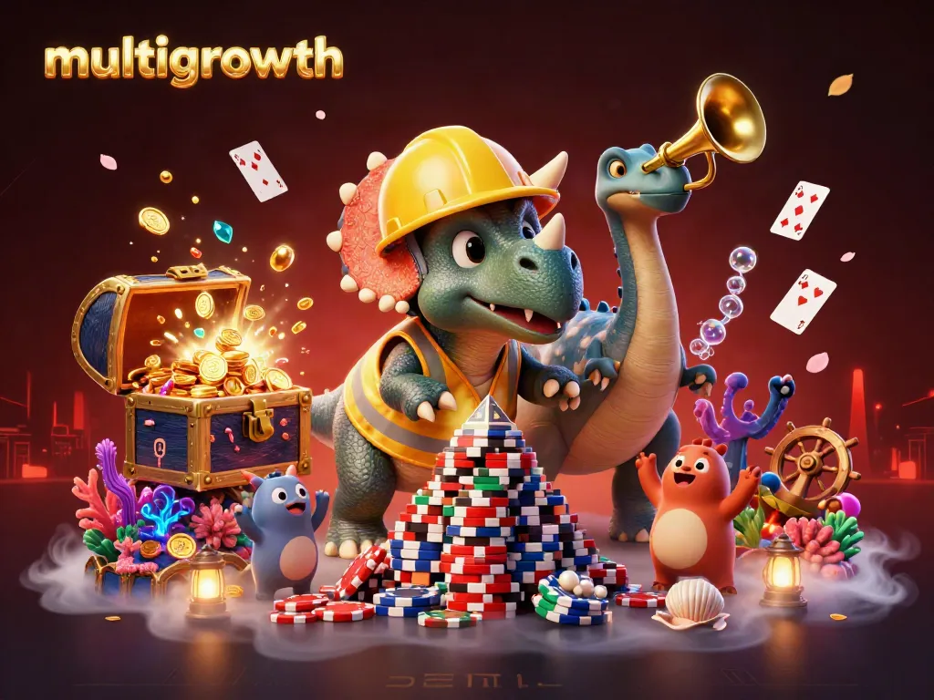 Experience multigrowth as a cheerful triceratops builds a tower of poker chips in this animated casino scene.