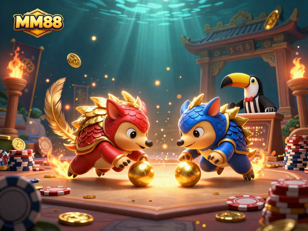 Two rival pangolins compete in a gambling showdown at MM88, surrounded by poker chips and golden effects.