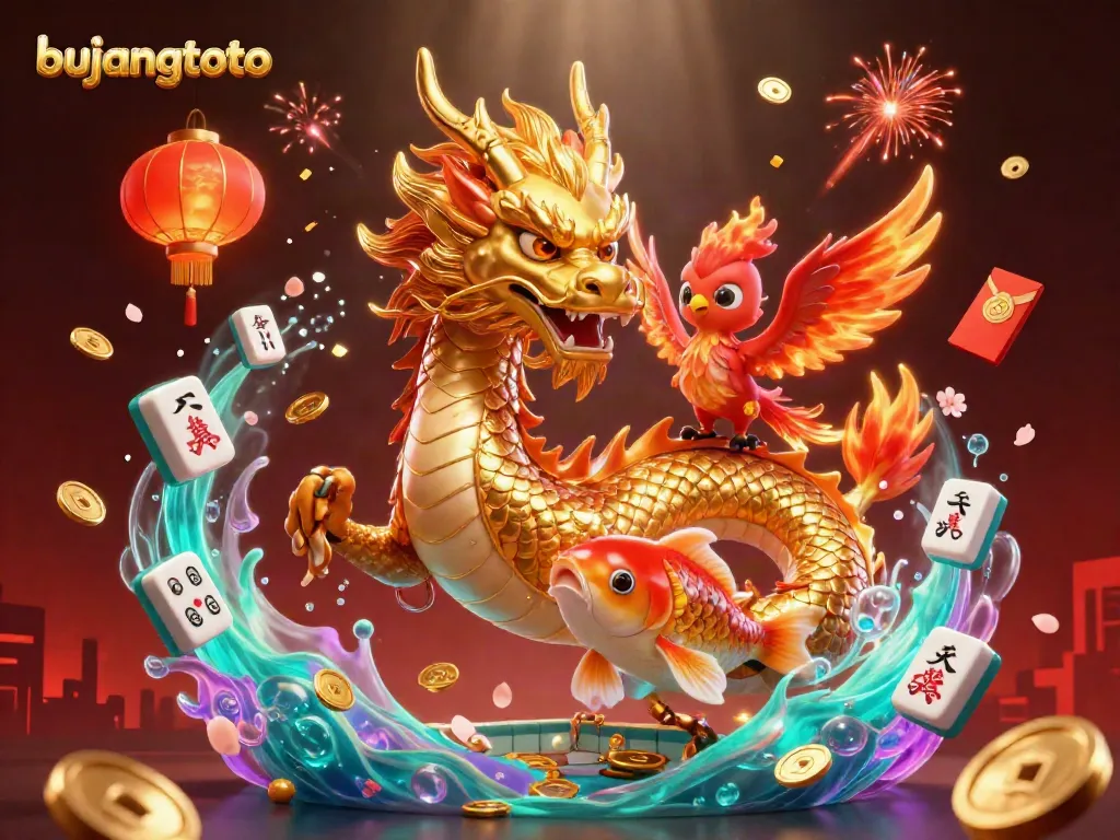 Bujangtoto players thrillingly engage with a dragon and phoenix amid a celebratory casino scene