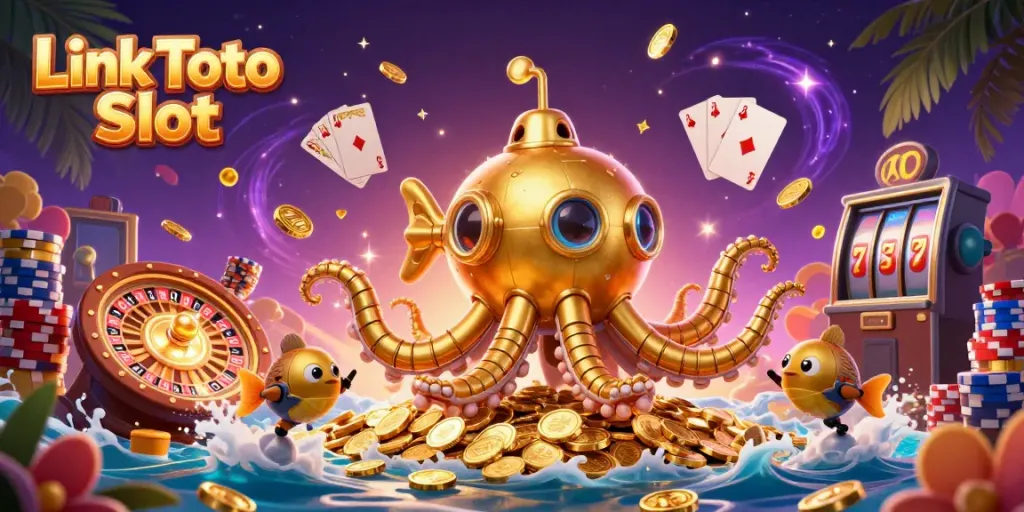 Permainan Link Toto Slot yang menarik dengan kapal kraken, ikan mekanis, dan banyak koin emas.