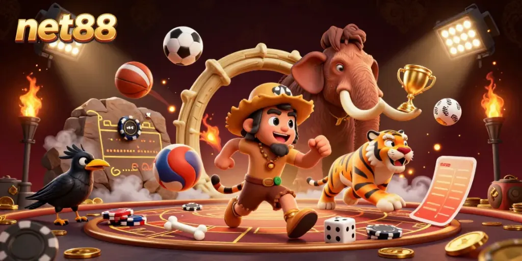Experience thrilling gaming moods at net88 with vibrant 3D casino illustration of iconic characters.