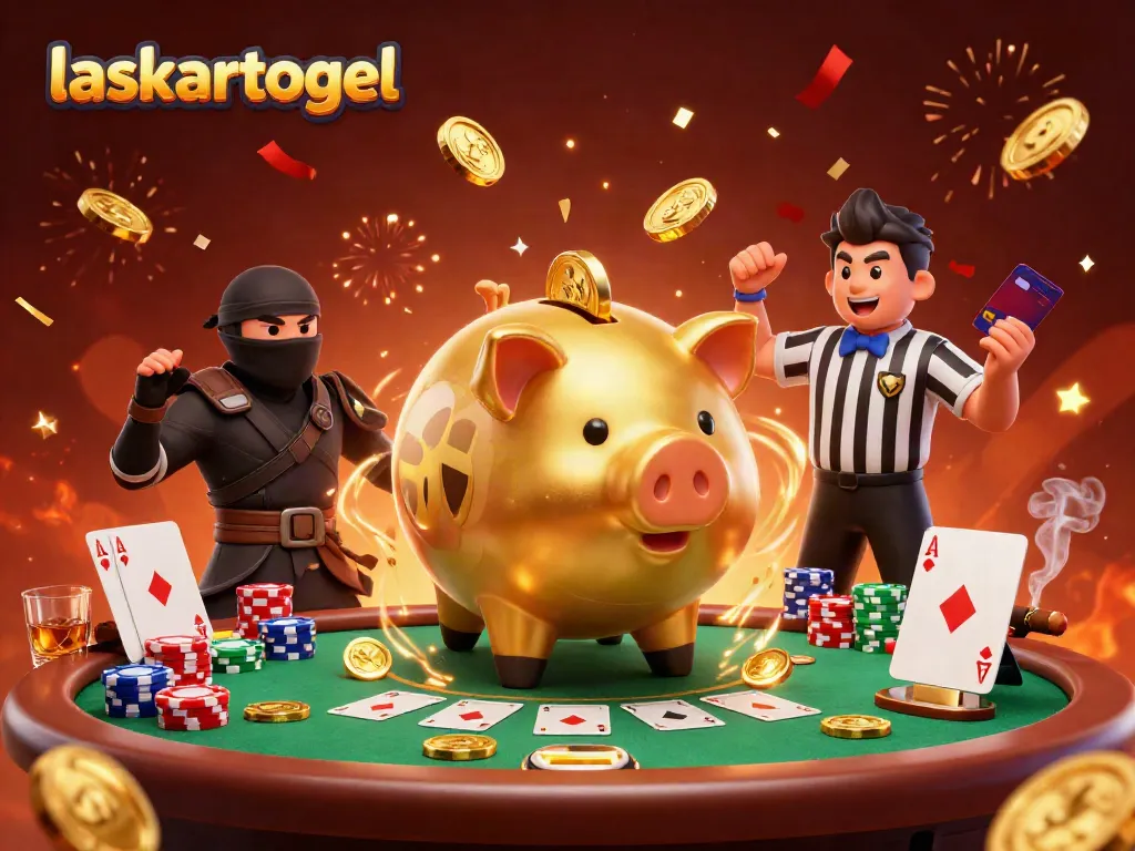 Experience the excitement of laskartogel with a thrilling 3D scene featuring a golden piggy bank sumo wrestler.