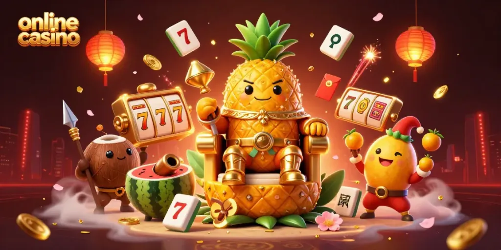 Experience vibrant online casino action with a golden pineapple king and lucky elements in a rich scene.