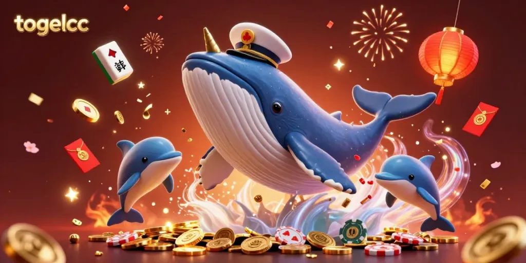 Togelcc brings excitement with a vibrant casino scene featuring whales and colorful gaming elements.