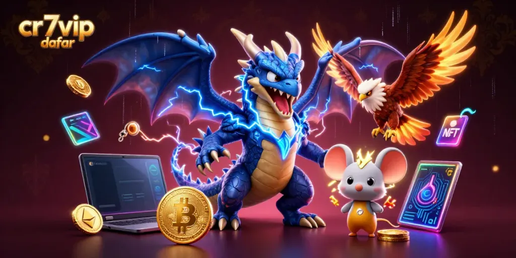 Mengiklankan cr7vip daftar dengan naga petir, elang angin, dan koin cryptocurrency dalam ilustrasi kasino.