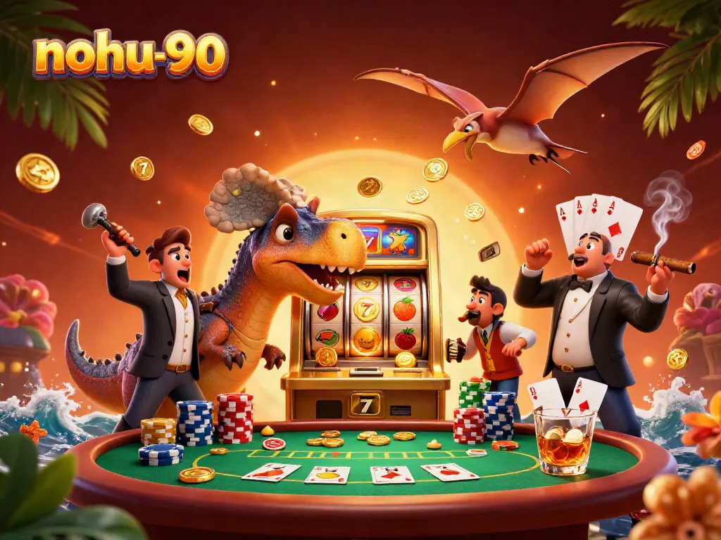 Nohu-90 features a 3D pachycephalosaurus at a jackpot slot, showcasing vibrant casino action.