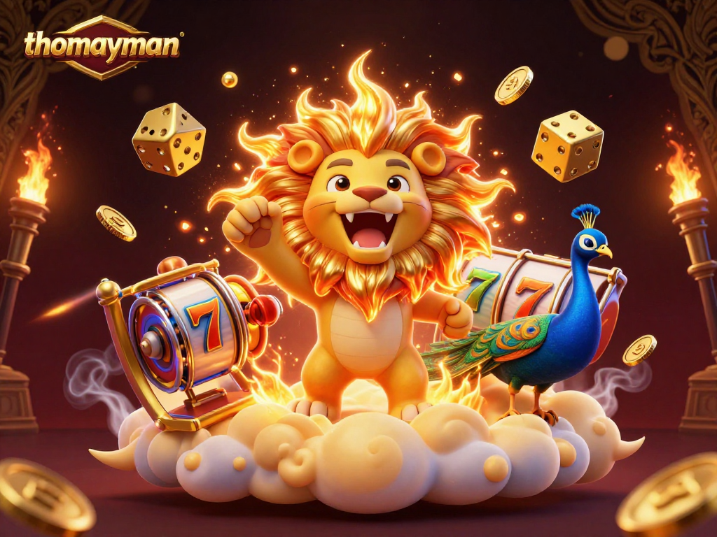 Engage with thomayman slot machines in this vibrant, dynamic 3D casino scene filled with gold coins and excitement.