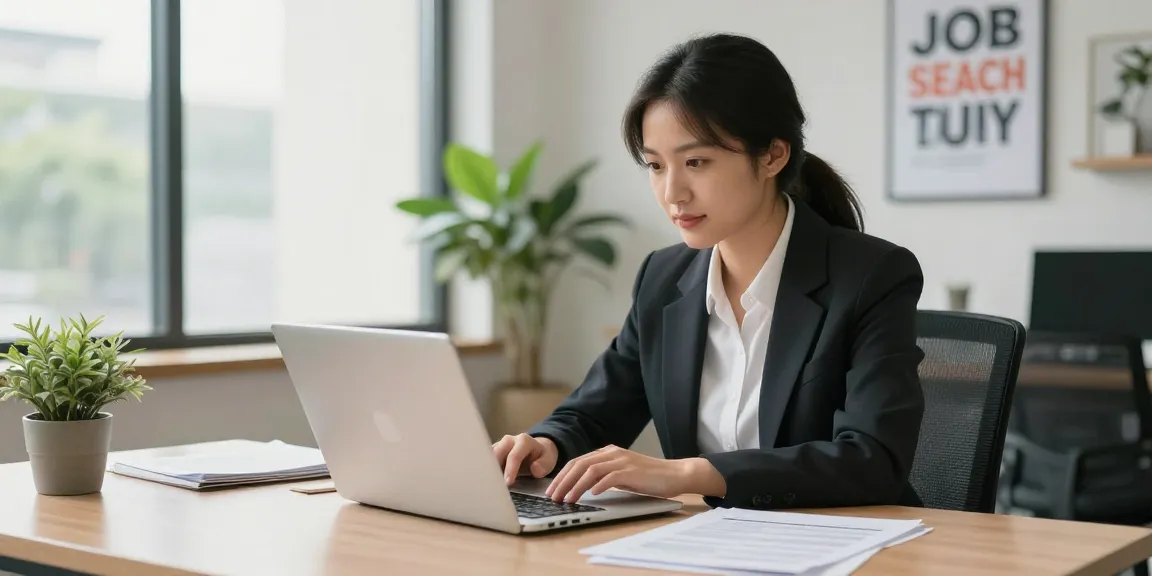 Dedicated job search professional engaging with online job listings, embodying the essence of หางาน in a vibrant office space.