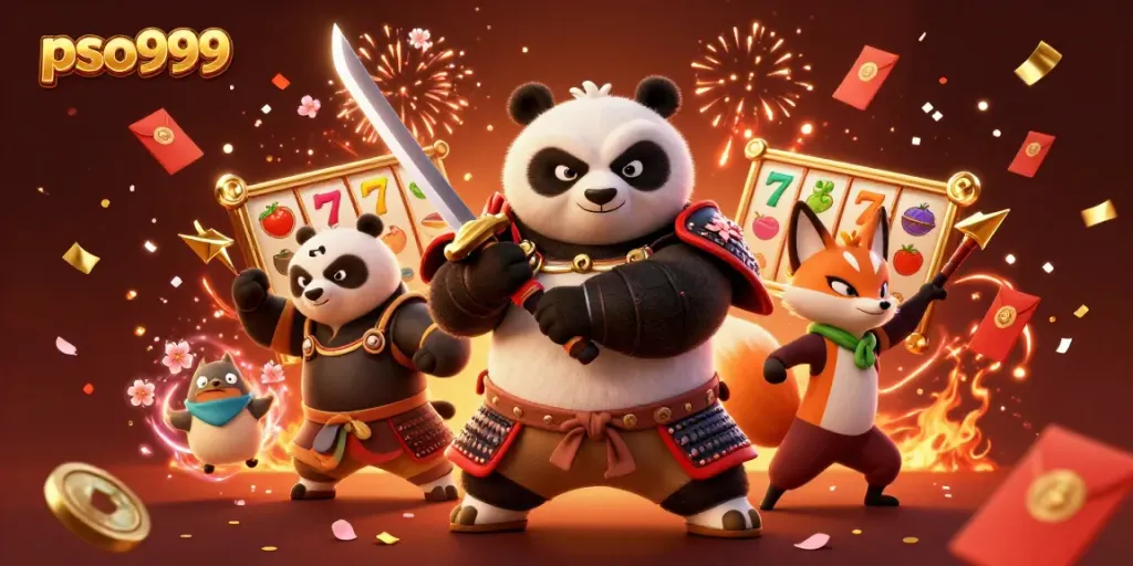 Engaging scene of characters celebrating pso999 with vibrant slot reels, conveying excitement for gamblers.