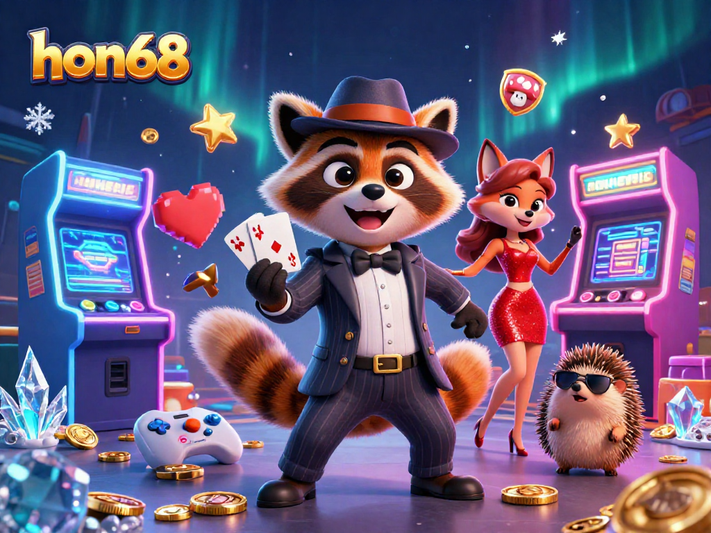 Experience exciting games at hon68 with a suave raccoon, stylish fox, and a hedgehog bouncer!