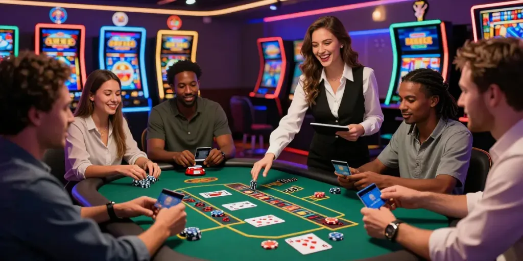 Exciting scene of casinos that accept credit cards, showcasing diverse players making deposits in a vibrant virtual casino environment.