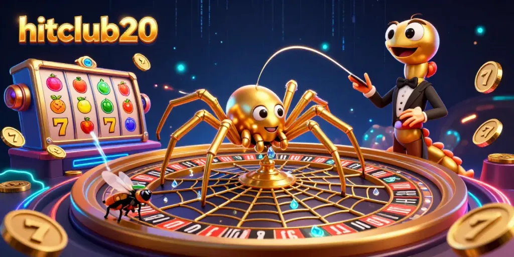 Engage in thrilling gameplay at hitclub20 with a 3D spider and roulette wheel illustration, showcasing excitement.