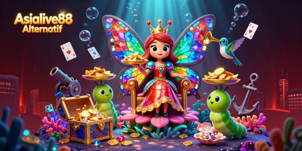 Experience the excitement of Asialive88 Alternatif with a vibrant casino scene featuring a butterfly queen and lively characters.