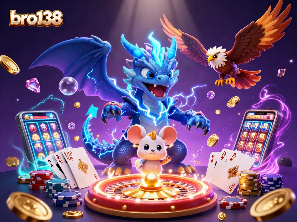 Win big with bro138's thrilling slots and dynamic gaming visuals showcased in a 3D illustration.