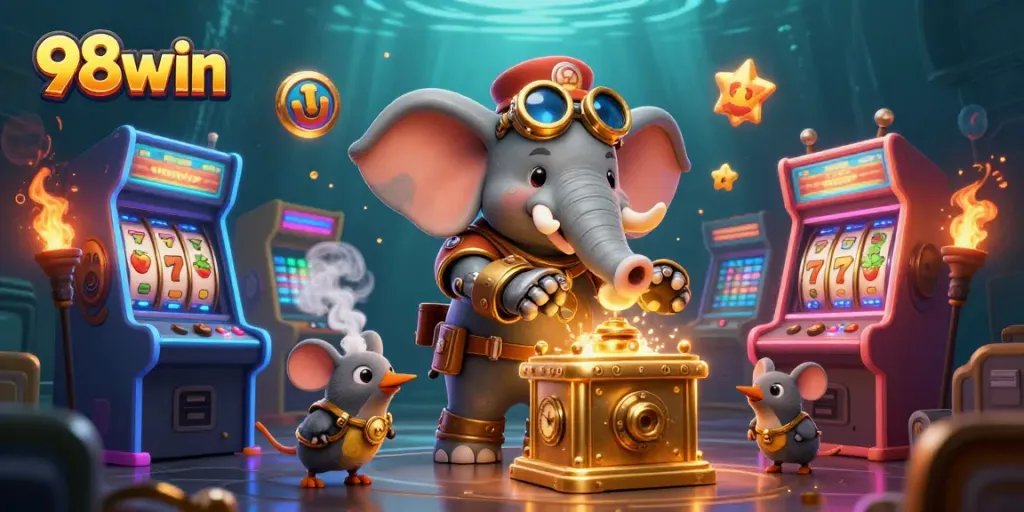 Engage with 98win's vibrant casino scene featuring steampunk characters and golden slot machines.