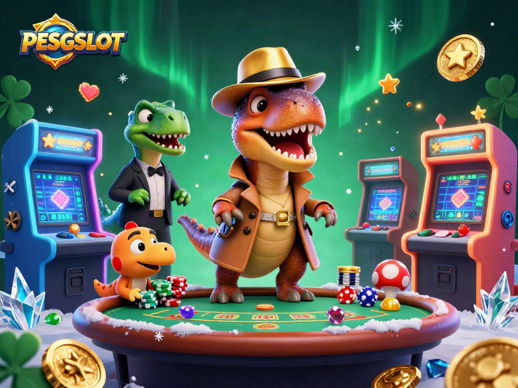 Permainan PESGSLOT dengan velociraptor dan stegosaurus dalam suasana kasino yang ramai.