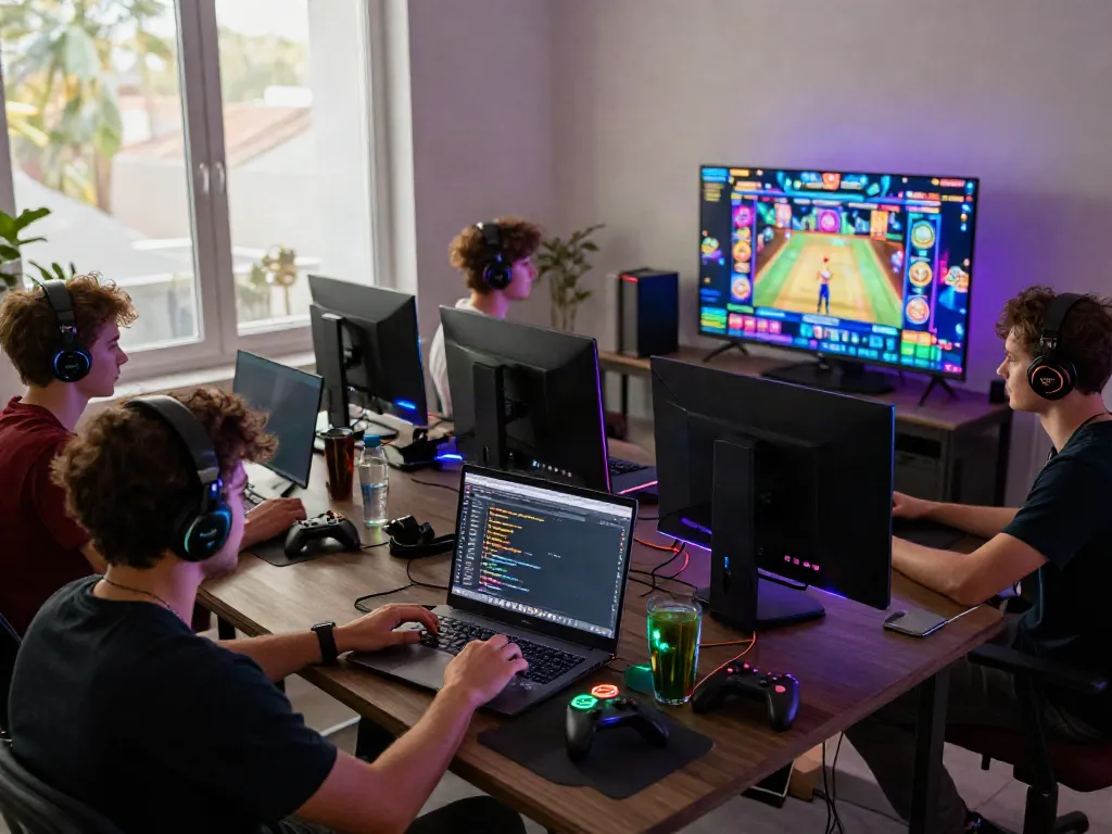 A lively gaming session showcasing friends engaging with akunjp online slots, LED-lit setup and vibrant atmosphere.