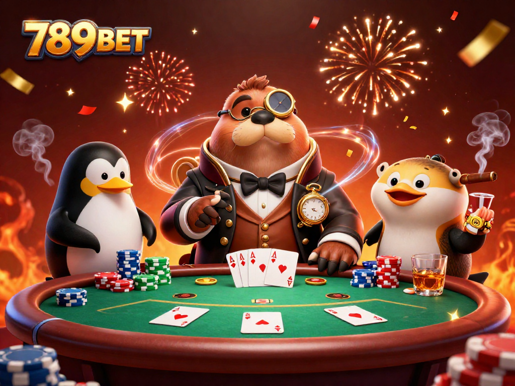 Experience thrilling poker action with 789BET featuring cartoon walrus, penguin dealer, and bluffing pufferfish.