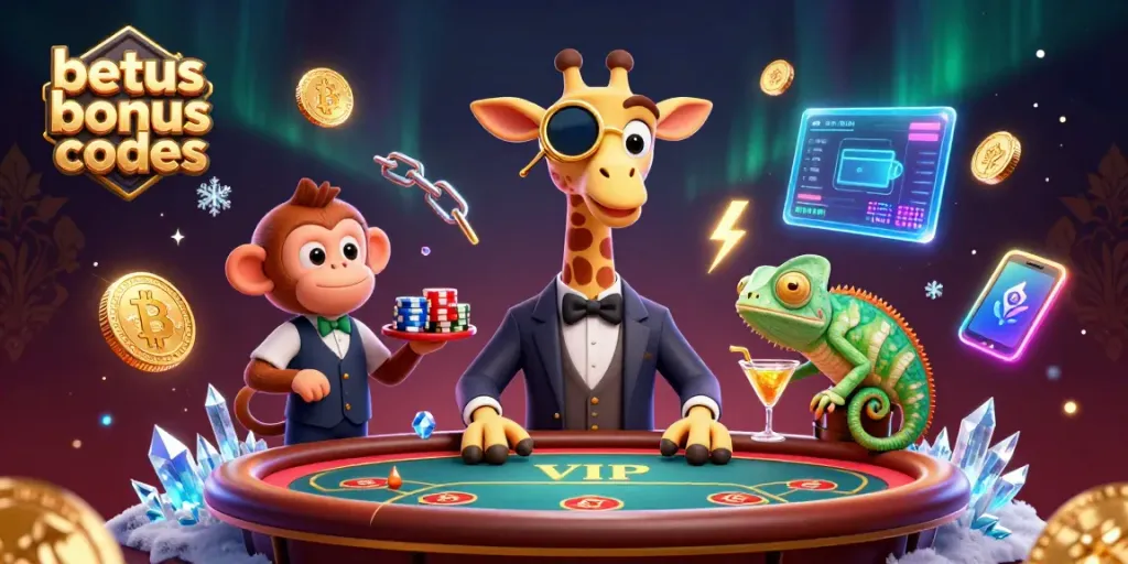 Engage with betus bonus codes through vibrant casino scene featuring a giraffe, monkey, and chameleon.